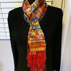 Brand New Laurel Burch silk oblong Dog Lovers neck scarf with tassels